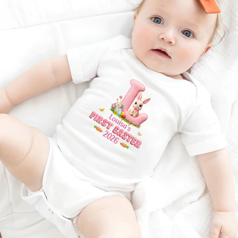 Easter,Gift For Kids,Grandma - Grandkids,Gift For Grandkids,Grandpa - Grandkids,Dad - Children,Mom - Children,Happy - Faux Chenille Bunny Alphabet Letters - Personalized Baby Onesie