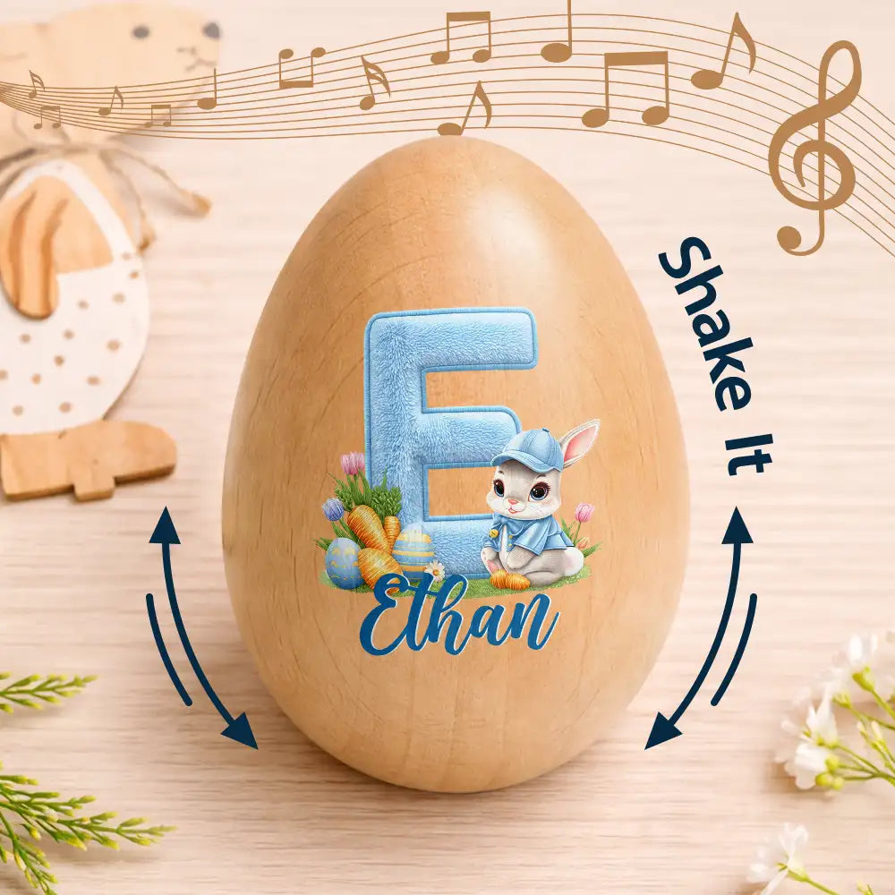 Easter,Non-Eng,Gift For Kids,Gift For Grandkids,Grandma - Grandkids,Grandpa - Grandkids,Dad - Children,Mom - Children,Happy - Faux Embroidery Effect Chenille Bunny Alphabet Letters - Personalized Musical Wooden Easter Egg Shaker
