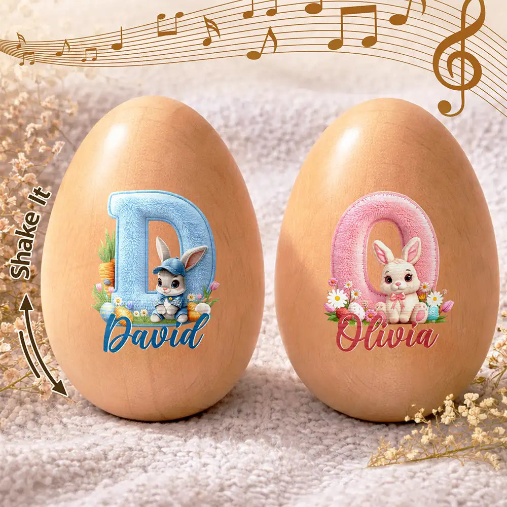 Easter,Non-Eng,Gift For Kids,Gift For Grandkids,Grandma - Grandkids,Grandpa - Grandkids,Dad - Children,Mom - Children,Happy - Faux Embroidery Effect Chenille Bunny Alphabet Letters - Personalized Musical Wooden Easter Egg Shaker