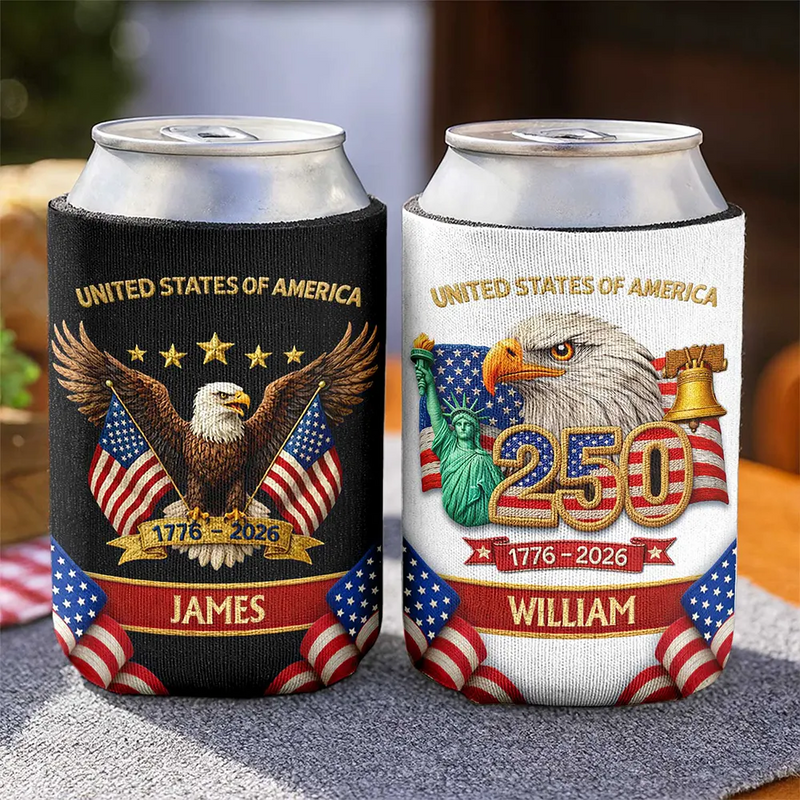 America 250th,Independence Day,Gift For Yourself,Proud,Custom Text - Faux Embroidery Effect America 250th Anniversary - Personalized Can Cooler Sleeve