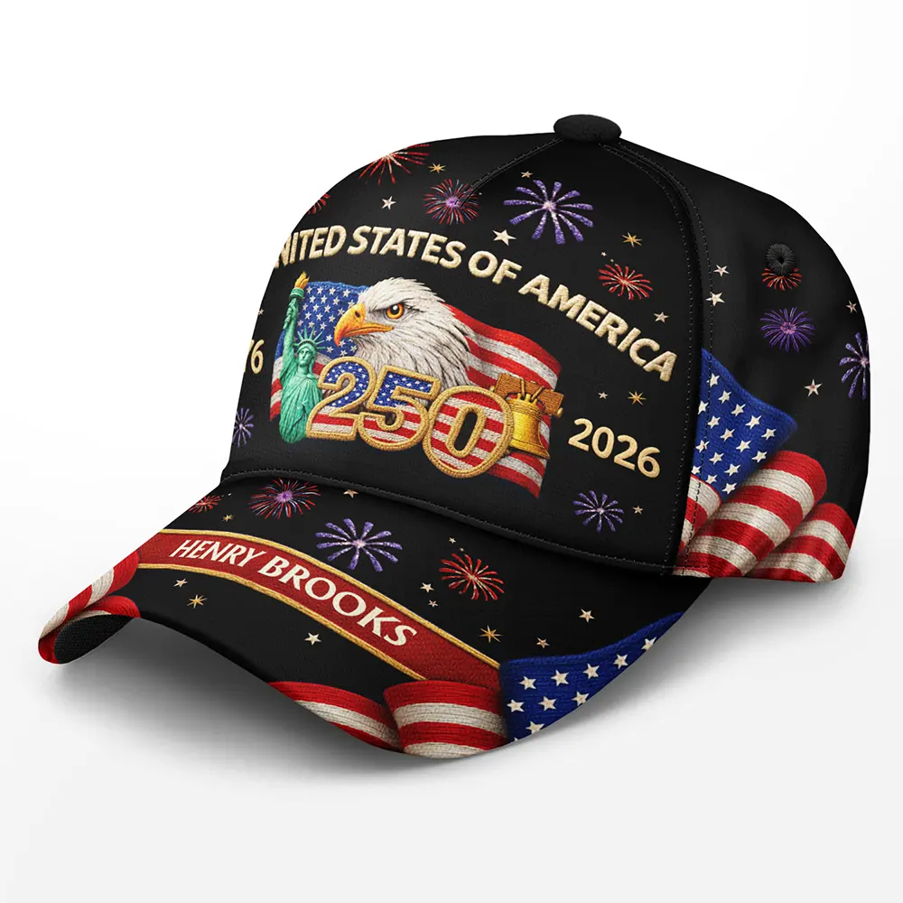 America 250th, Independence Day, Gift For Yourself, Proud, Custom Text - Faux Embroidery Effect America 250th Anniversary - Personalized Classic Cap