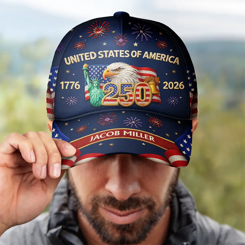 America 250th, Independence Day, Gift For Yourself, Proud, Custom Text - Faux Embroidery Effect America 250th Anniversary - Personalized Classic Cap