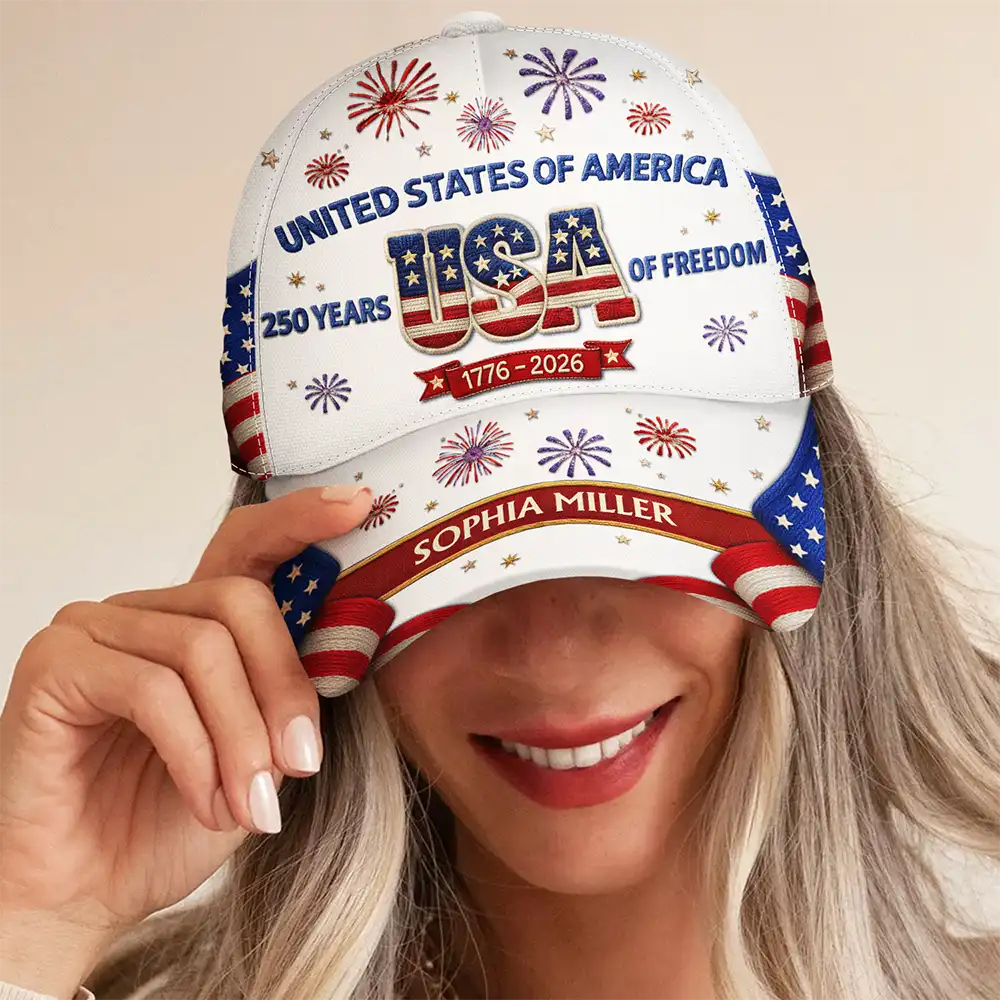 America 250th, Independence Day, Gift For Yourself, Proud, Custom Text - Faux Embroidery Effect America 250th Anniversary - Personalized Classic Cap