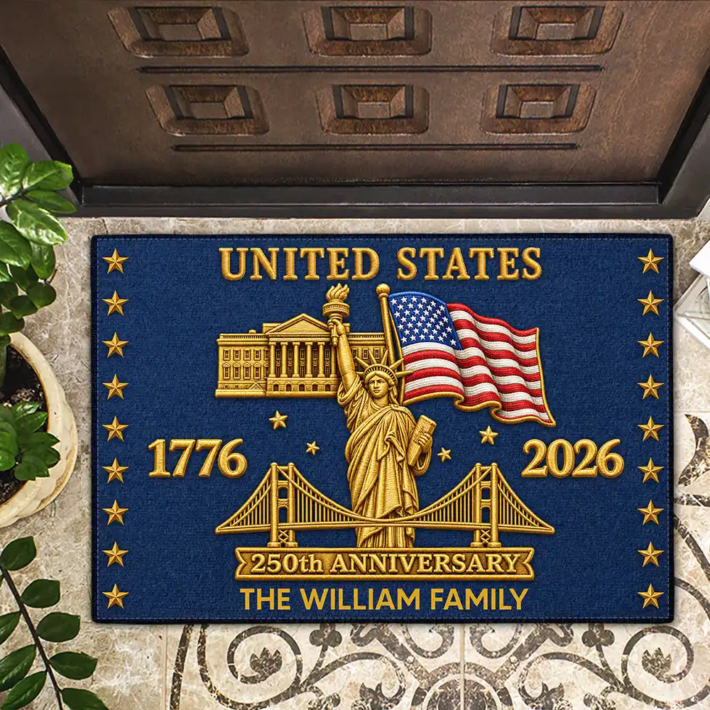 America 250th,Independence Day,Family,Proud,Custom Text - Faux Embroidery Effect America 250th Anniversary - Personalized Doormat