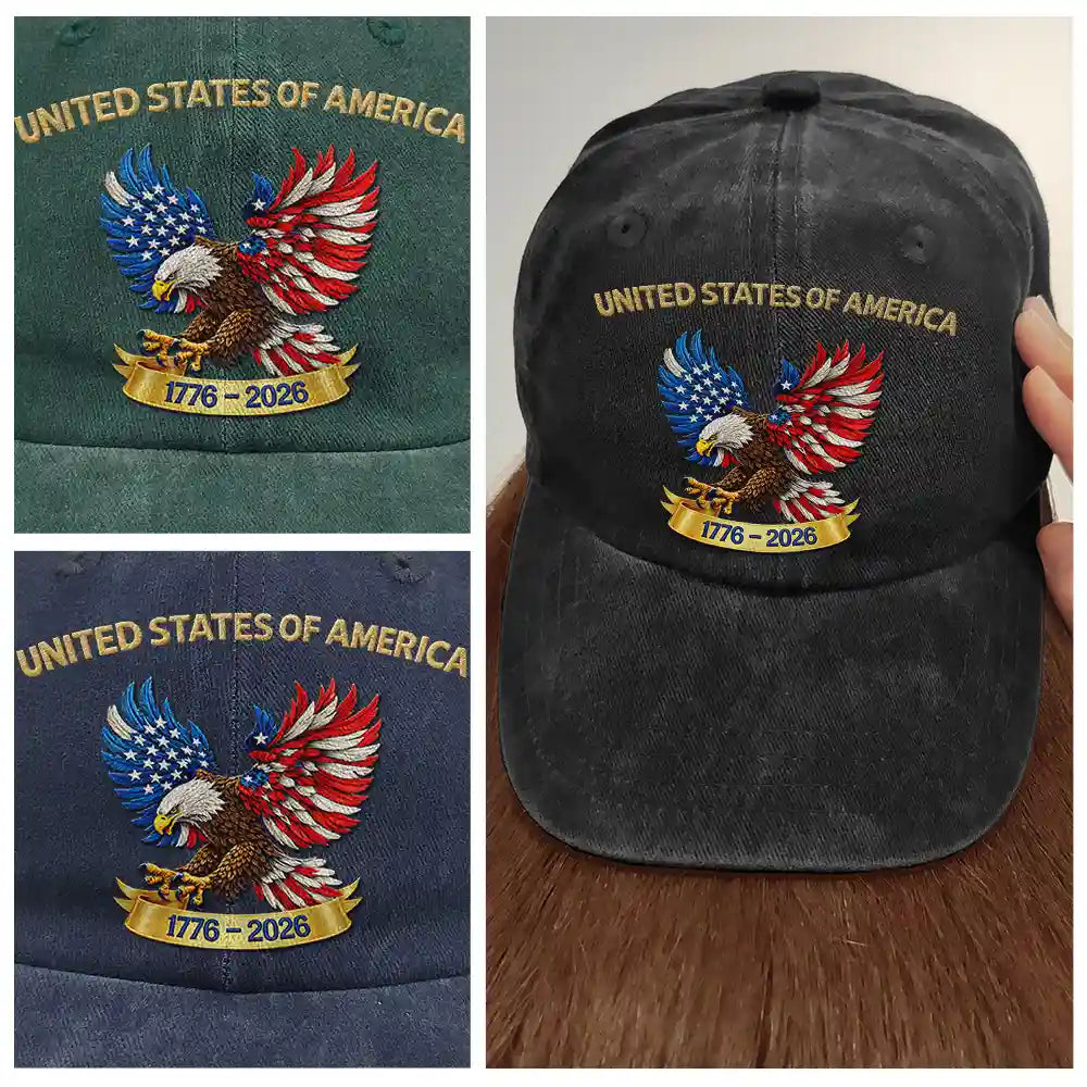 America 250th,Independence Day,Gift For Yourself,Proud,Custom Text - Faux Embroidery Effect America 250th Anniversary - Personalized Vintage Washed Denim Cap