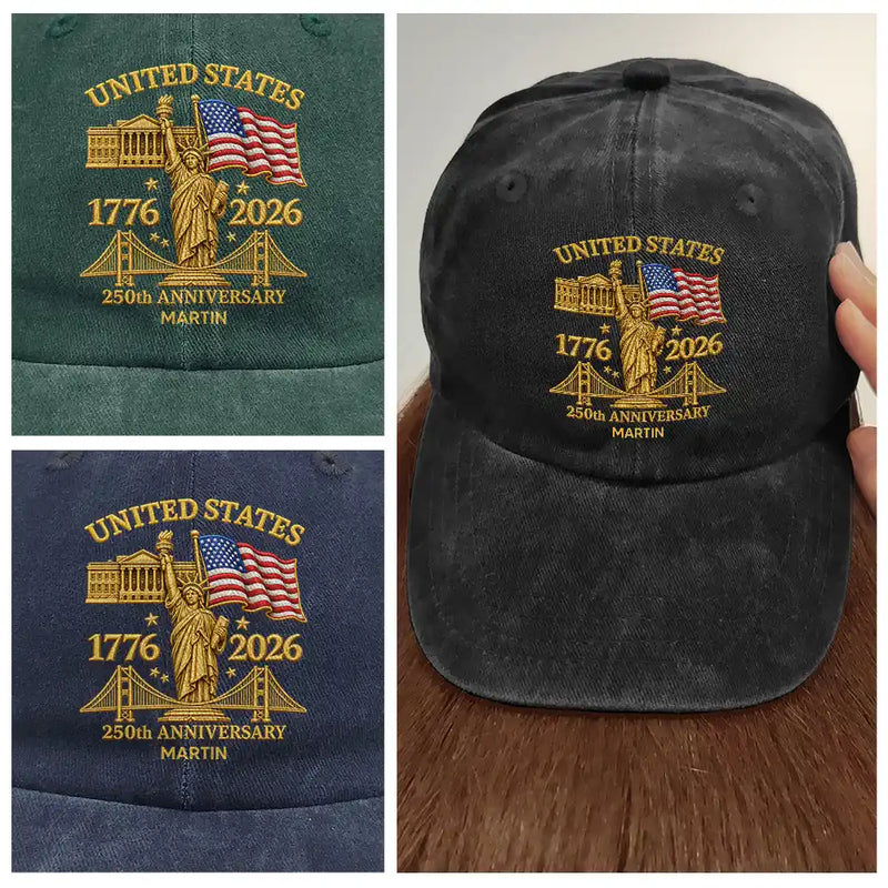America 250th,Independence Day,Gift For Men,Gift For Yourself,Proud,Custom Text - Faux Embroidery Effect America 250th Anniversary - Personalized Vintage Washed Denim Cap