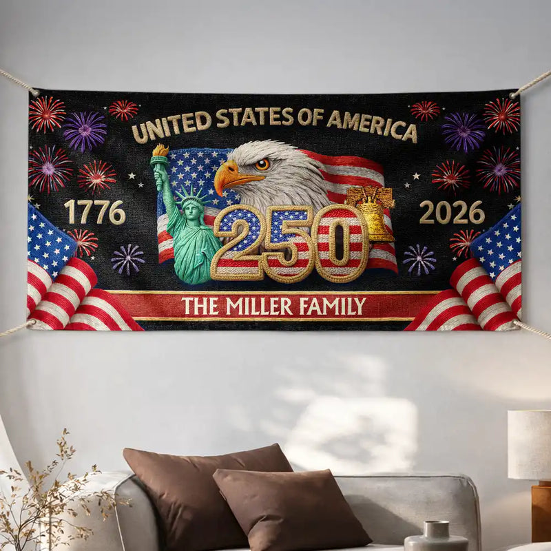 Family, Parents, Happy, America 250th - Faux Embroidery Effect America 250th Anniversary Family Name - Personalized Horizontal Banner