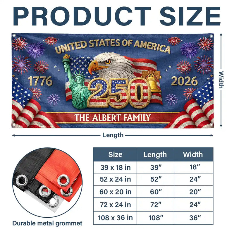 Family, Parents, Happy, America 250th - Faux Embroidery Effect America 250th Anniversary Family Name - Personalized Horizontal Banner