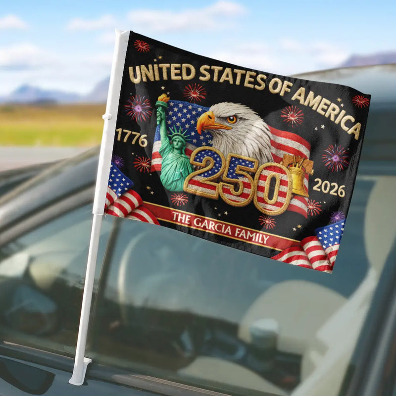 Independence Day,America 250th,Family,Proud - Faux Embroidery Effect America 250th Anniversary Family Name - Personalized Car Flag