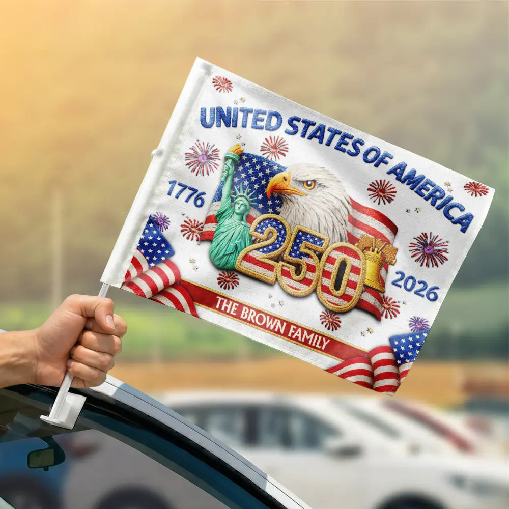 Independence Day,America 250th,Family,Proud - Faux Embroidery Effect America 250th Anniversary Family Name - Personalized Car Flag