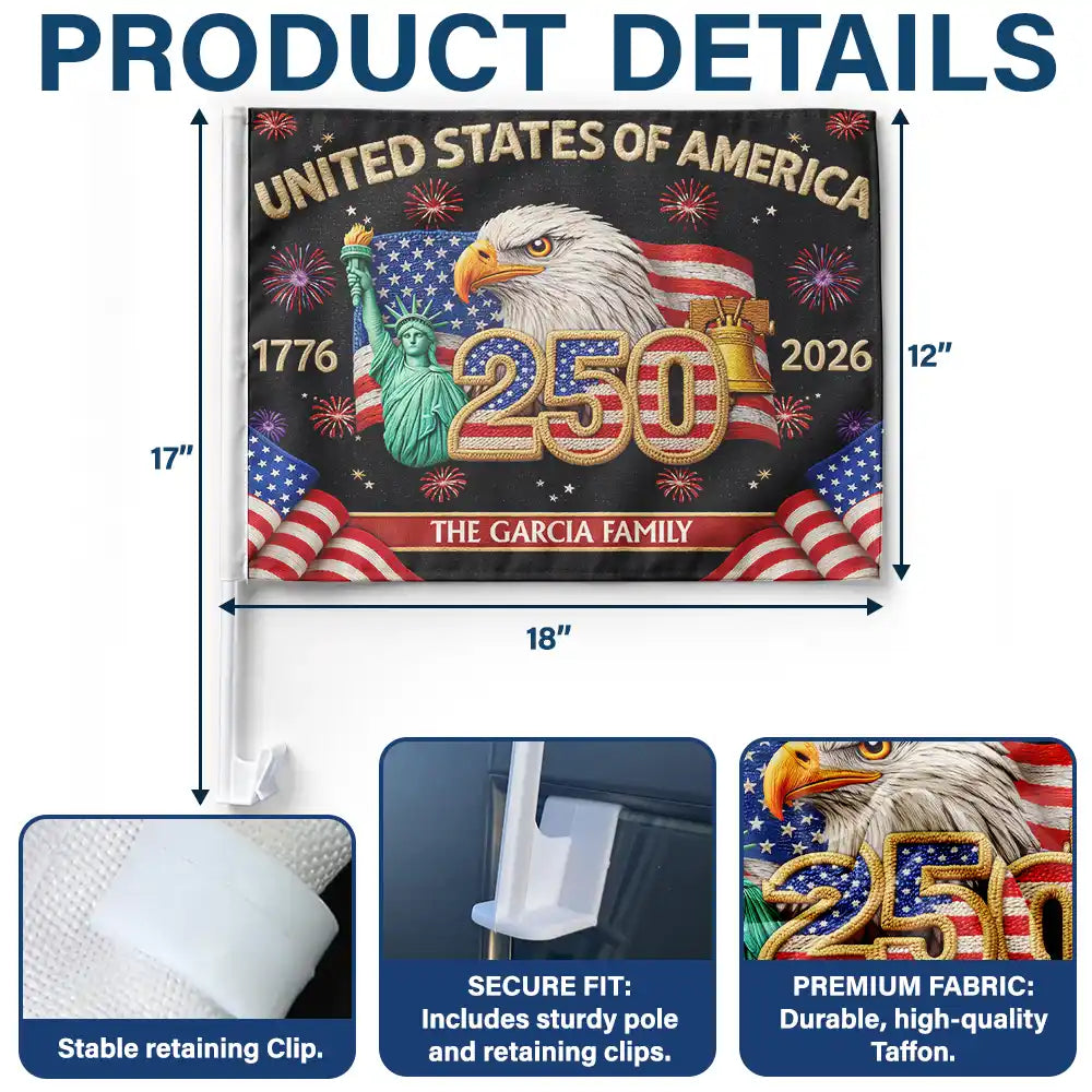 Independence Day,America 250th,Family,Proud - Faux Embroidery Effect America 250th Anniversary Family Name - Personalized Car Flag