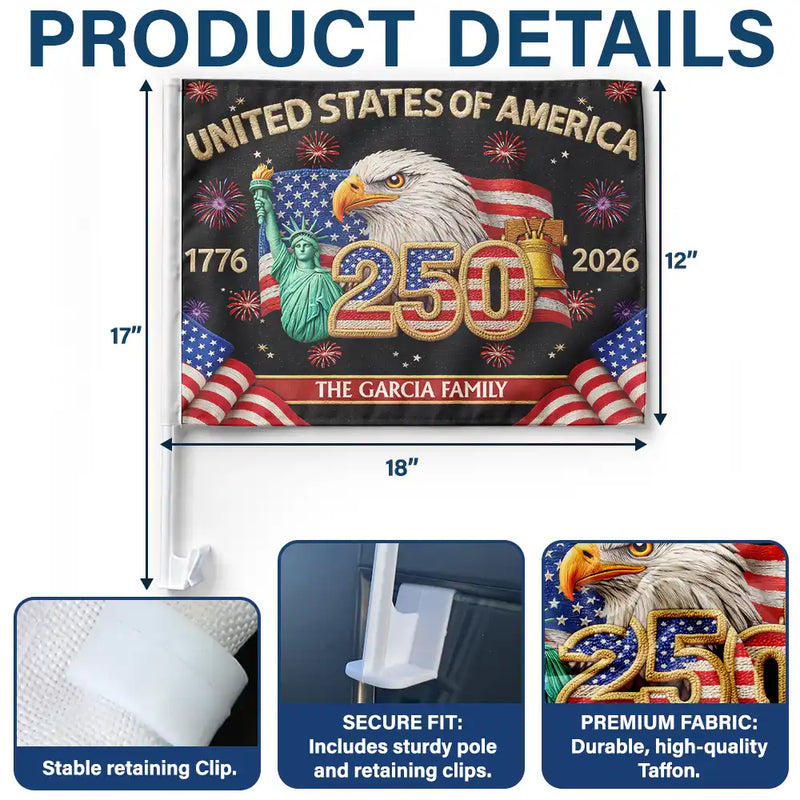 Independence Day,America 250th,Family,Proud - Faux Embroidery Effect America 250th Anniversary Family Name - Personalized Car Flag