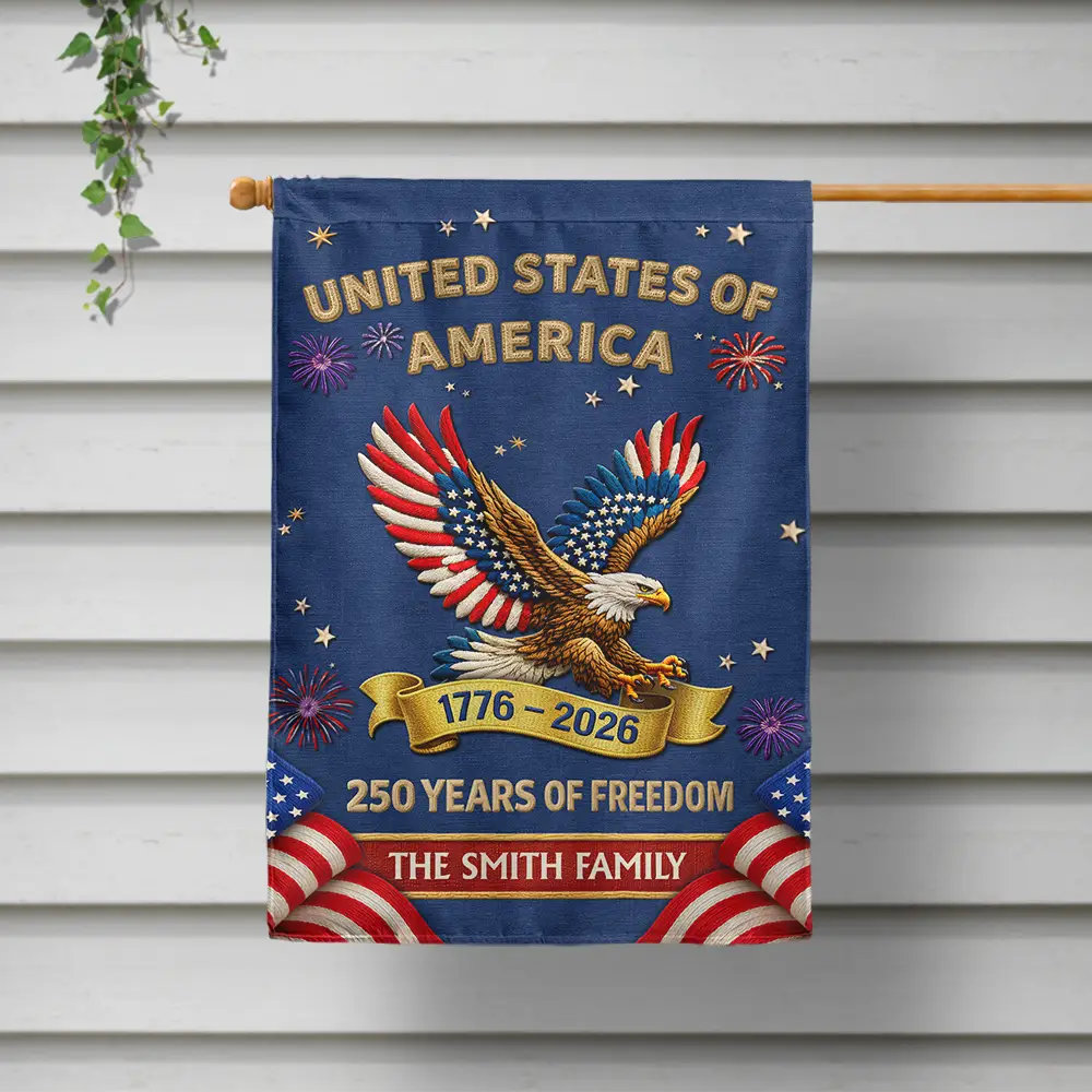 America 250th, Independence Day, Family, Proud, Custom Text - Faux Embroidery Effect America 250th Anniversary Family Name - Personalized Flag