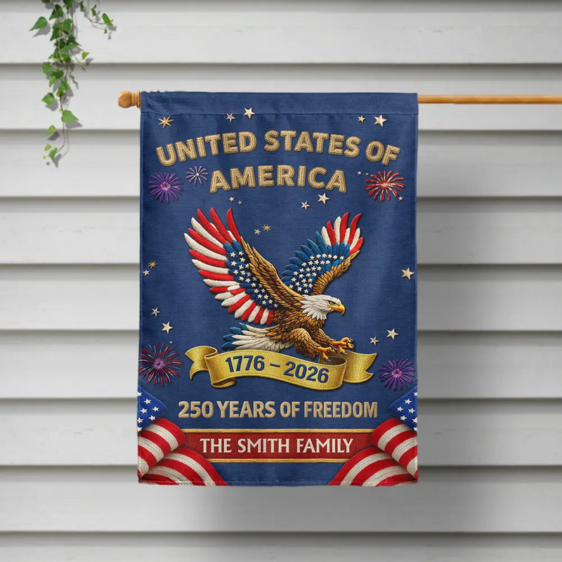America 250th, Independence Day, Family, Proud, Custom Text - Faux Embroidery Effect America 250th Anniversary Family Name - Personalized Flag