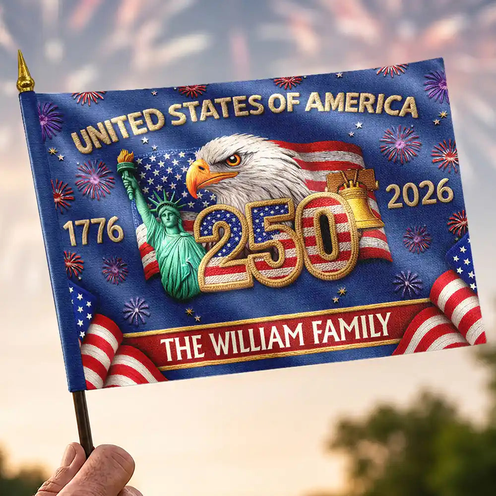 Faux Embroidery Effect America 250th Anniversary Family Name - Personalized Handheld Flag