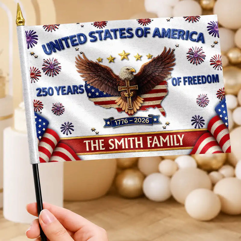 America 250th,Independence Day,Family,Proud,Custom Text - Faux Embroidery Effect America 250th Anniversary Family Name - Personalized Handheld Flag