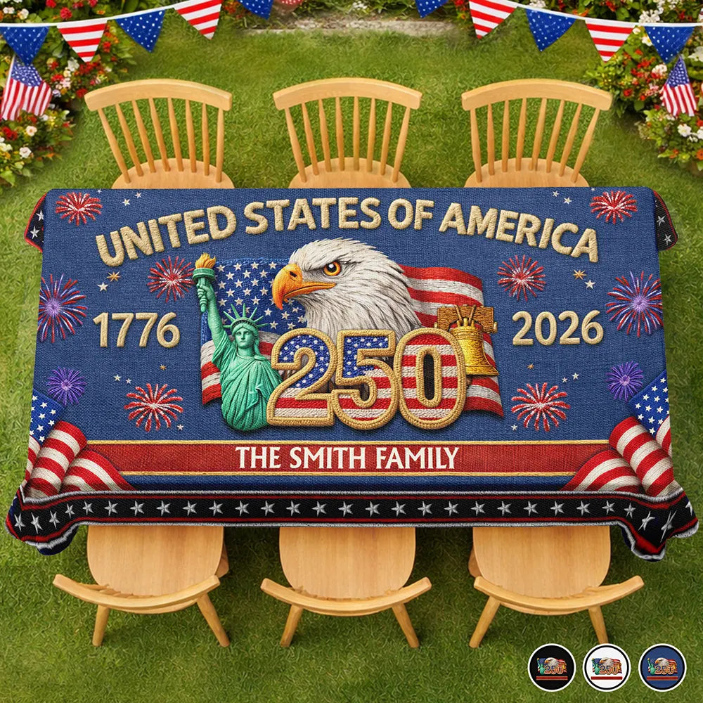 Faux Embroidery Effect America 250th Anniversary Family Name - Personalized Tablecloth