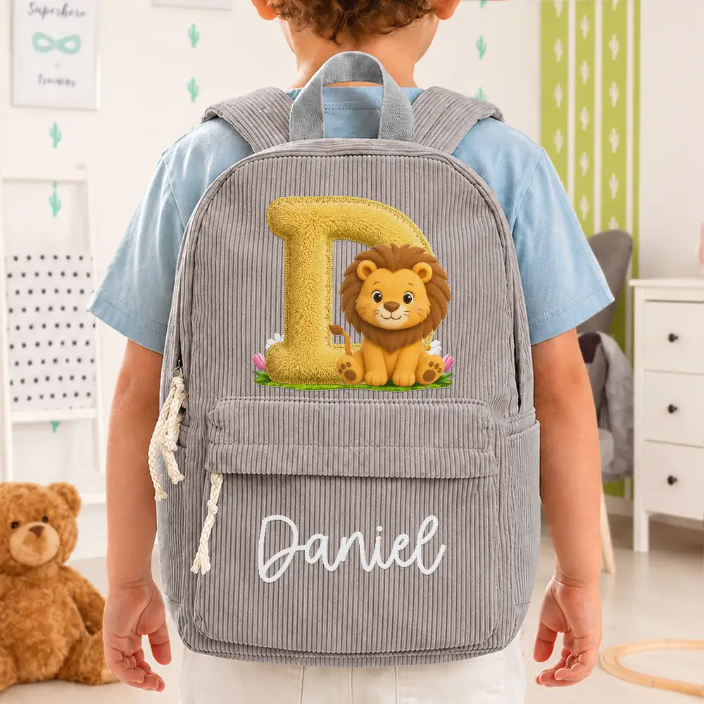Playful, Back To School, Gift For Kids, Icon - Faux Embroidery Effect Chenille Animal & Alphabet Letters - Personalized Corduroy Backpack