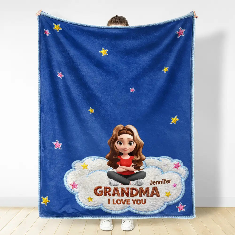Gift For Grandma,Gift For Grandpa,Grandpa - Grandkids,Grandma - Grandkids,Gift For Women,Gift For Men,Happy - Faux Embroidery Effect Grandkids Mom Grandma We Love You - Personalized Fleece Blanket, Sherpa Blanket