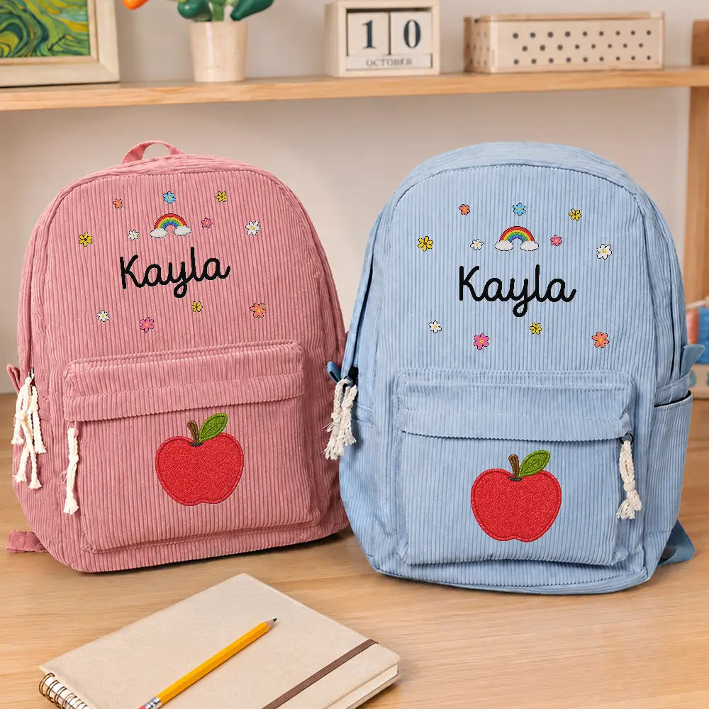 Back To School, Gift For Kids, Adorable, Icon - Faux Embroidery Effect Kid's Name - Personalized Corduroy Backpack