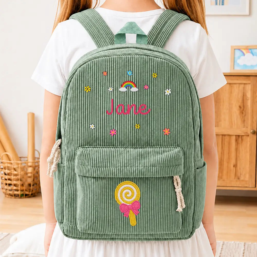 Back To School, Gift For Kids, Adorable, Icon - Faux Embroidery Effect Kid's Name - Personalized Corduroy Backpack
