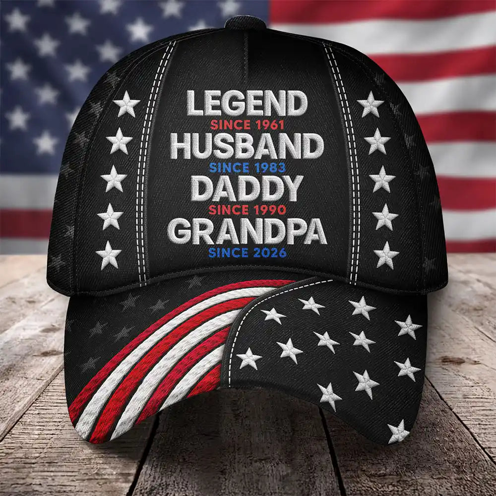 Gift For Grandpa,Gift For Father,Gift For Men,Happy,Independence Day,Proud - Faux Embroidery Effect Legend Husband Daddy Grandpa - Personalized Classic Cap
