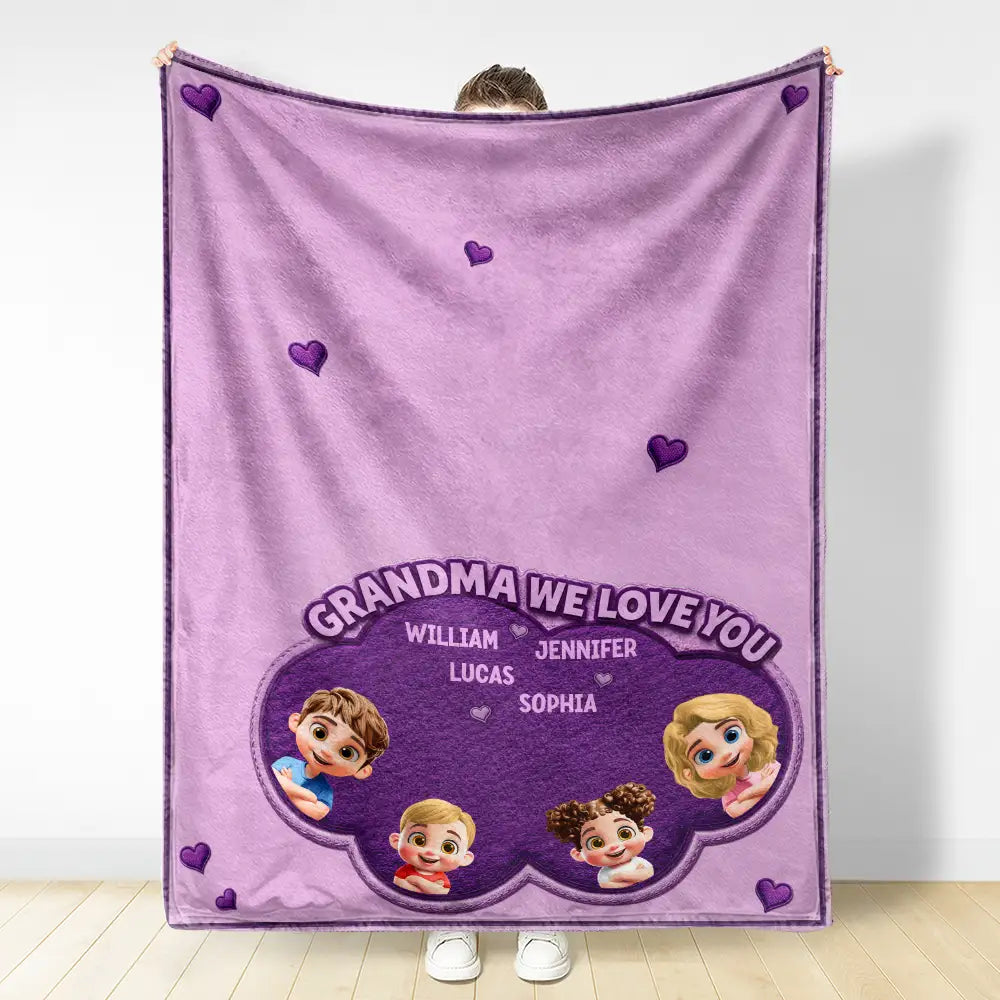 Gift For Grandma,Gift For Grandpa,Grandpa - Grandkids,Grandma - Grandkids,Gift For Women,Gift For Men,Happy - Faux Embroidery Effect Mom Grandma We Love You - Personalized Fleece Blanket, Sherpa Blanket