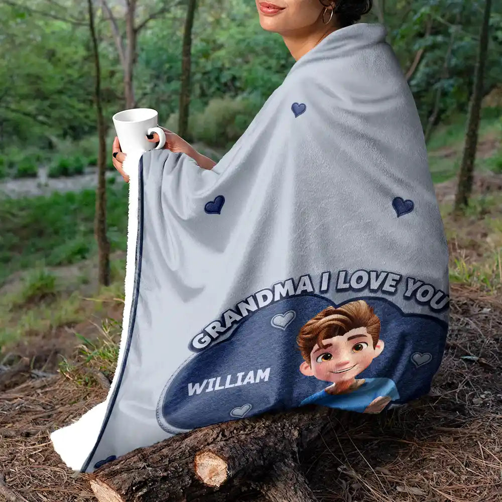 Gift For Grandma,Gift For Grandpa,Grandpa - Grandkids,Grandma - Grandkids,Gift For Women,Gift For Men,Happy - Faux Embroidery Effect Mom Grandma We Love You - Personalized Fleece Blanket, Sherpa Blanket