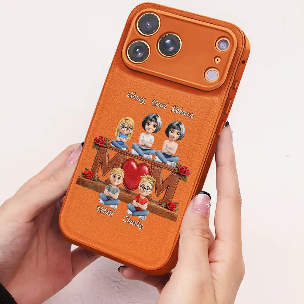 Gift For Mother,Gift For Women,Happy,Gift For Yourself - Faux Embroidery Effect Mom We Love You - Personalized Leather Phone Case