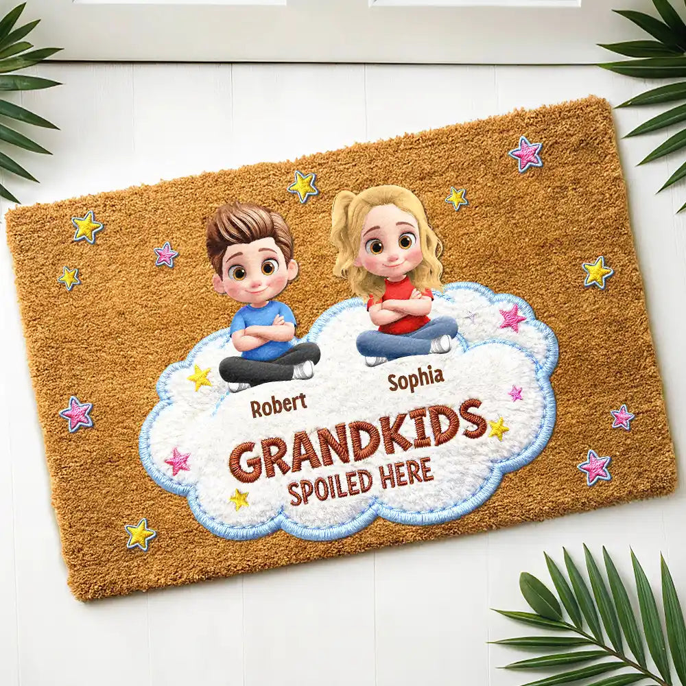 Faux Embroidery Effect Spoiled Grandkids Live Here - Personalized Coconut Doormat