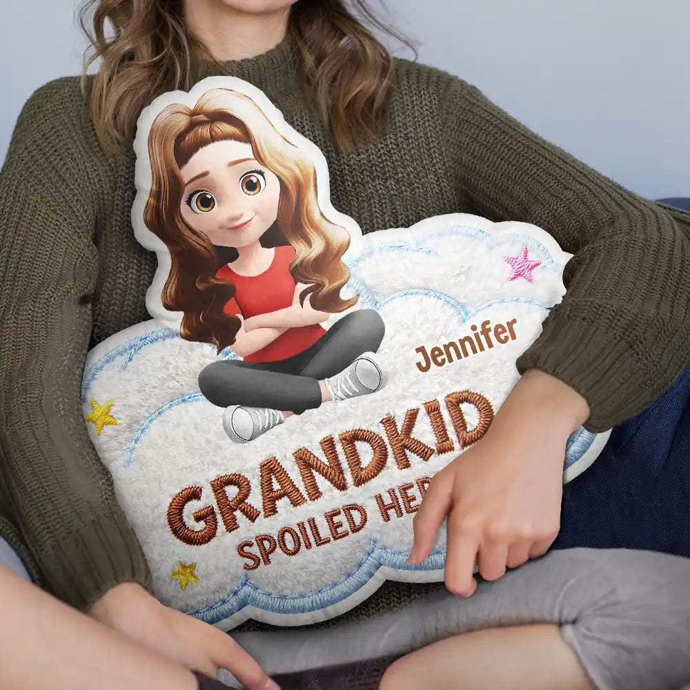 Gift For Grandma,Gift For Grandpa,Grandpa - Grandkids,Grandma - Grandkids,Gift For Women,Gift For Men,Happy - Faux Embroidery Effect Spoiled Grandkids Live Here - Personalized Custom Shaped Pillow