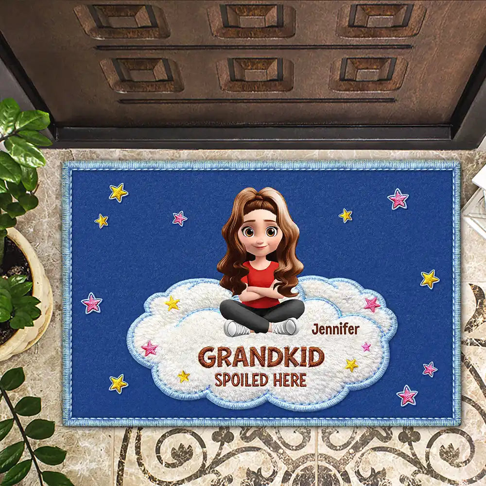 Gift For Grandma,Gift For Grandpa,Grandpa - Grandkids,Grandma - Grandkids,Gift For Women,Gift For Men,Happy - Faux Embroidery Effect Spoiled Grandkids Live Here - Personalized Doormat