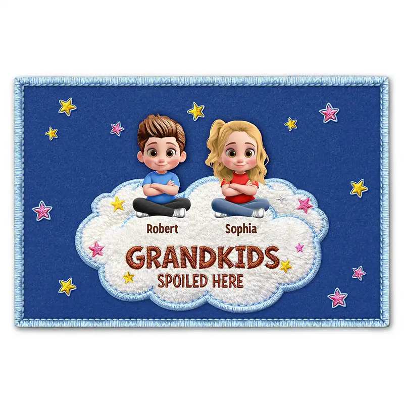 Gift For Grandma,Gift For Grandpa,Grandpa - Grandkids,Grandma - Grandkids,Gift For Women,Gift For Men,Happy - Faux Embroidery Effect Spoiled Grandkids Live Here - Personalized Doormat