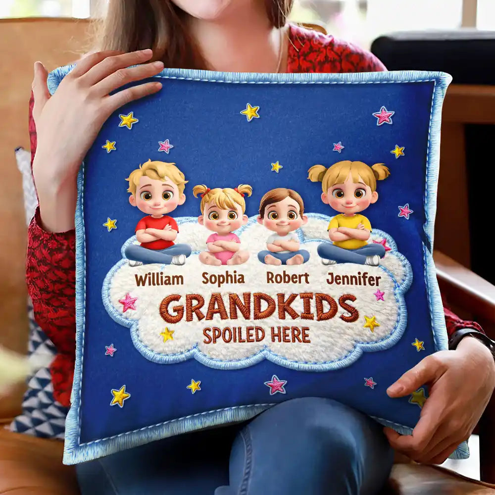 Gift For Grandma,Gift For Grandpa,Grandpa - Grandkids,Grandma - Grandkids,Gift For Women,Gift For Men,Happy - Faux Embroidery Effect Spoiled Grandkids Live Here - Personalized Pillow