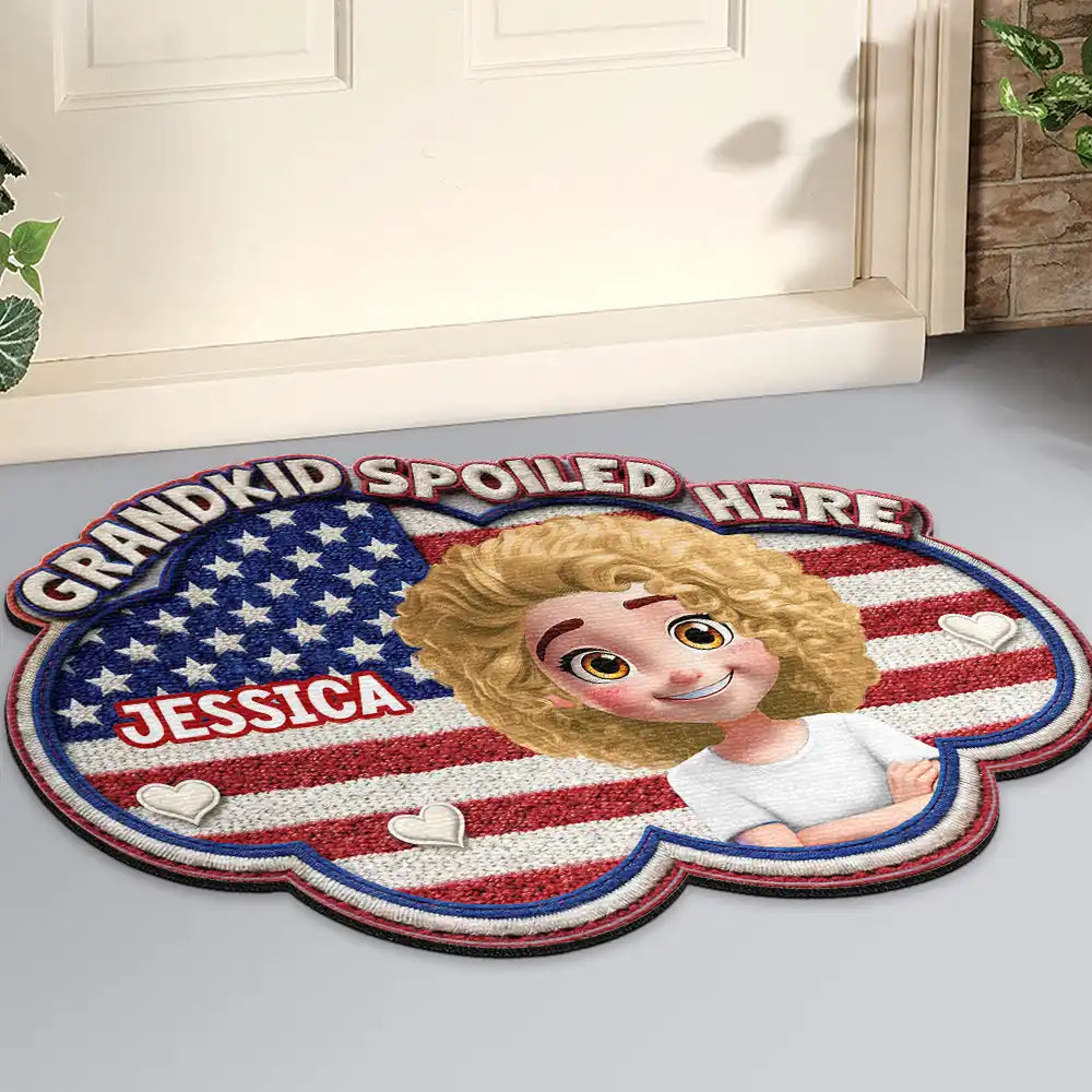 Gift For Grandma, Gift For Grandpa, Gift For Grandparents, Happy - Faux Embroidery Effect Star & Stripes Grandkids Spoiled Here - Personalized Custom Shaped Doormat