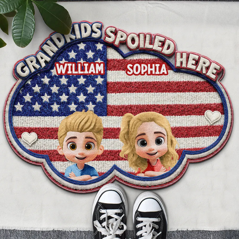 Gift For Grandma, Gift For Grandpa, Gift For Grandparents, Happy - Faux Embroidery Effect Star & Stripes Grandkids Spoiled Here - Personalized Custom Shaped Doormat