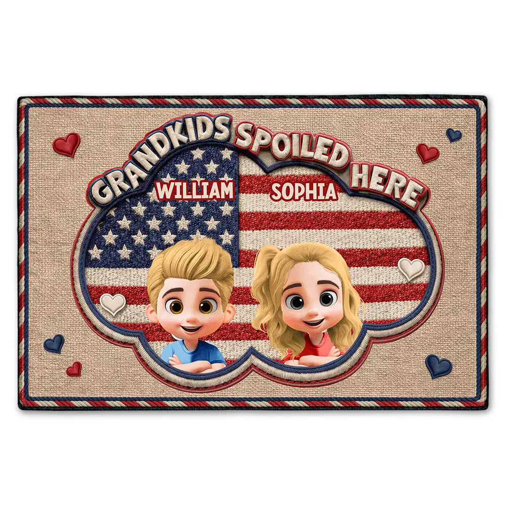 Gift For Grandma,Gift For Grandpa,Gift For Grandparents,Happy - Faux Embroidery Effect Star & Stripes Grandkids Spoiled Here - Personalized Doormat
