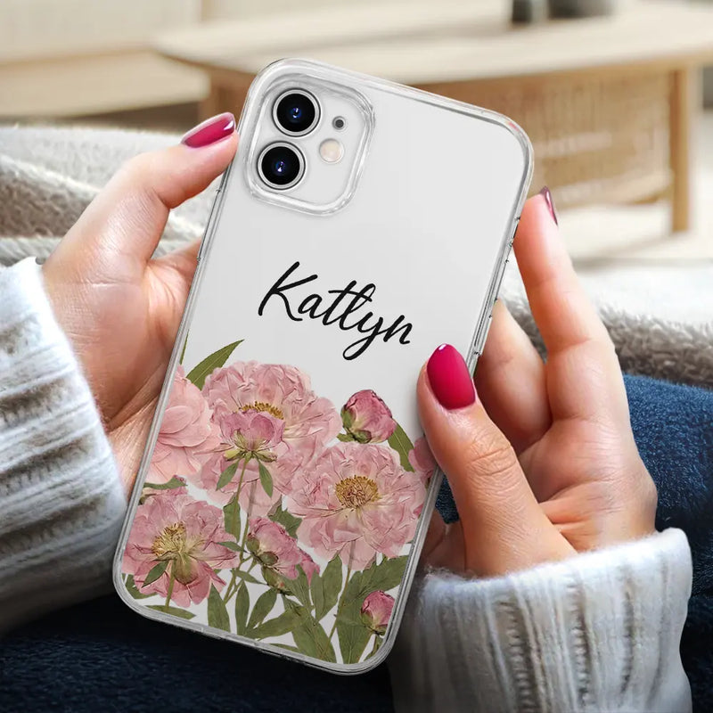 Gift For Girlfriend,Gift For Wife,Gift For Yourself,Gift For Women,Happy,Gift For Sisters,Gift For Bestie,Gift For Mother - Faux Pressed Birth Flower - Personalized Clear Phone Case