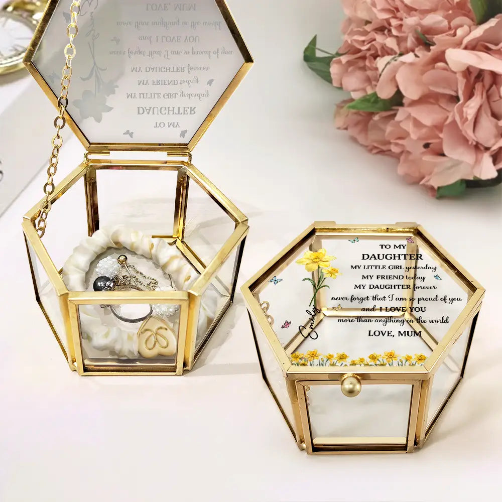 Gift For Daughter,Gift For Women,Happy,Gift For Grandkids - Faux Pressed Birth Flower My Daughter Forever - Personalized Glass Jewelry Box