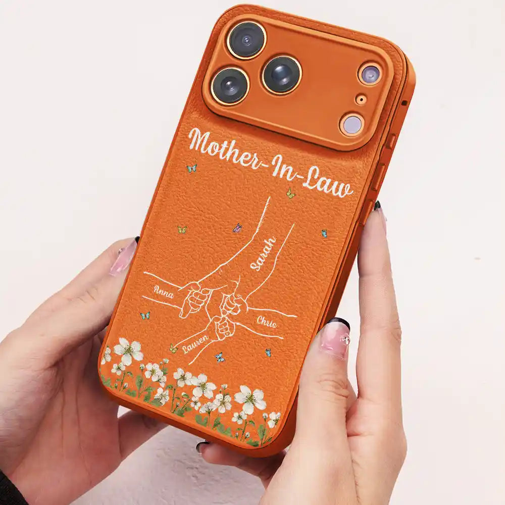 Gift For Mother,Gift For Women,Happy,Gift For Yourself,Gift For Grandma,Vector - Faux Pressed Flower Mom And Children Holding Hands - Personalized Leather Phone Case