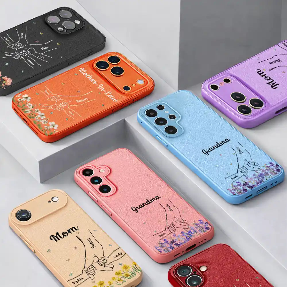 Gift For Mother,Gift For Women,Happy,Gift For Yourself,Gift For Grandma,Vector - Faux Pressed Flower Mom And Children Holding Hands - Personalized Leather Phone Case