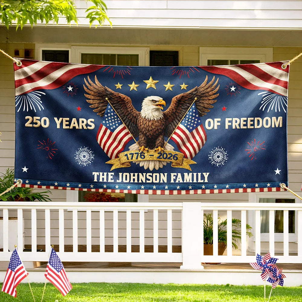 Family,Parents,Happy,America 250th - Faux Puff Embroidery Effect Patriotic Eagle 250 Years Of Freedom - Personalized Horizontal Banner