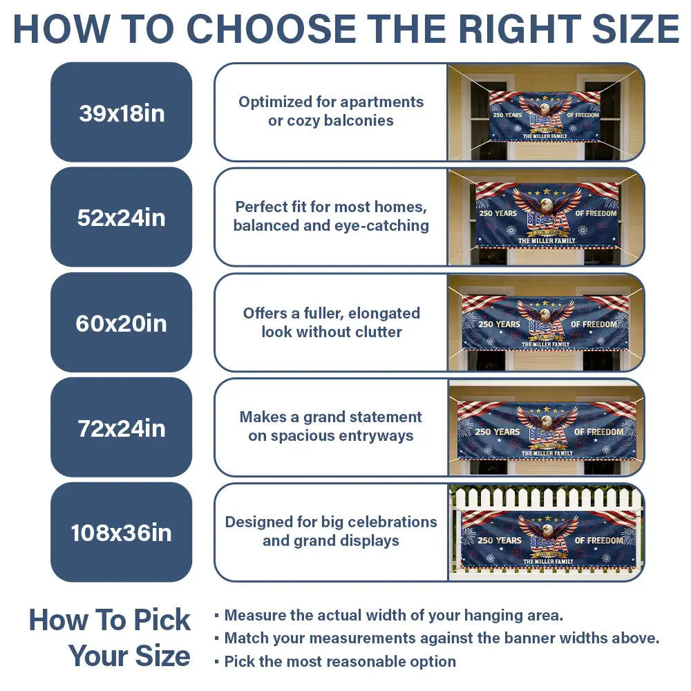 Family,Parents,Happy,America 250th - Faux Puff Embroidery Effect Patriotic Eagle 250 Years Of Freedom - Personalized Horizontal Banner