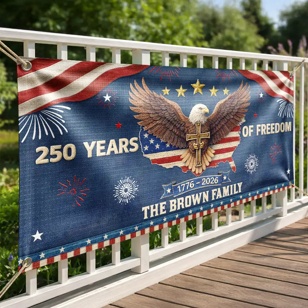 Family,Parents,Happy,America 250th - Faux Puff Embroidery Effect Patriotic Eagle 250 Years Of Freedom - Personalized Horizontal Banner