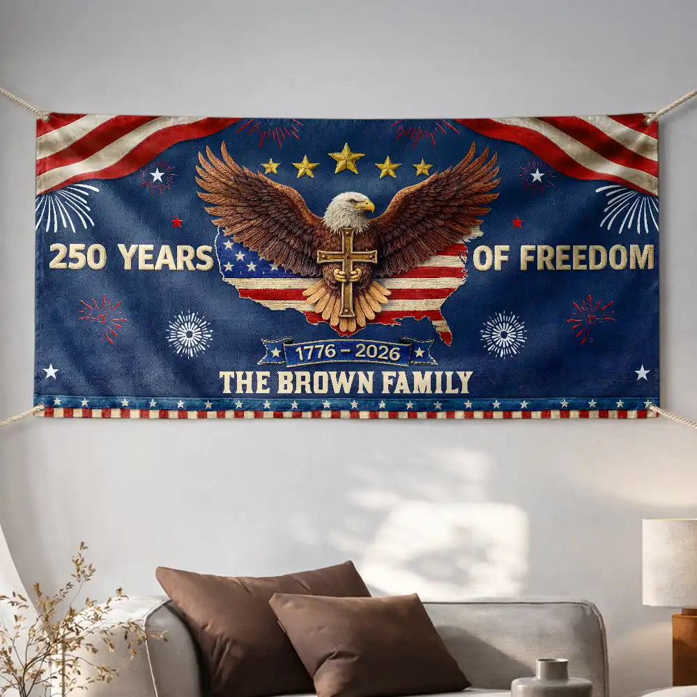 Family,Parents,Happy,America 250th - Faux Puff Embroidery Effect Patriotic Eagle 250 Years Of Freedom - Personalized Horizontal Banner