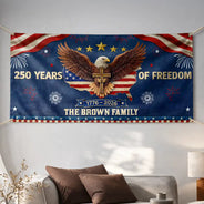 Family,Parents,Happy,America 250th - Faux Puff Embroidery Effect Patriotic Eagle 250 Years Of Freedom - Personalized Horizontal Banner