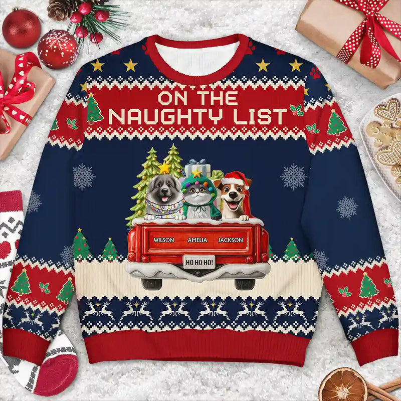 Dog Lovers,Christmas,Funny,Pet Lovers - Feliz Navidog Truck Red - Personalized Unisex Ugly Sweater