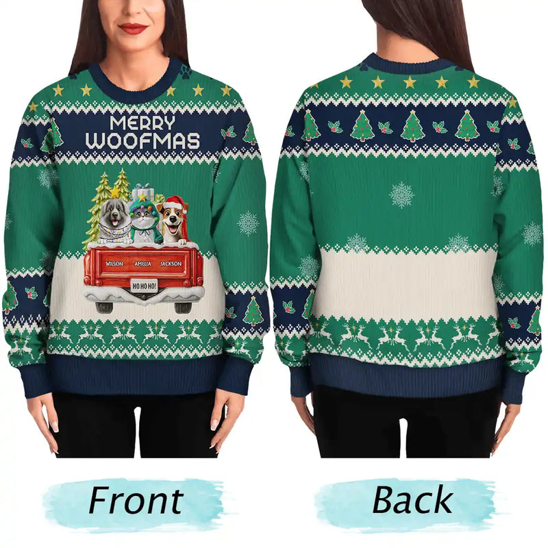 Dog Lovers,Christmas,Funny,Pet Lovers - Feliz Navidog Truck Red - Personalized Unisex Ugly Sweater