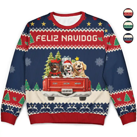 Feliz Navidog Truck Red - Personalized Unisex Ugly Sweater