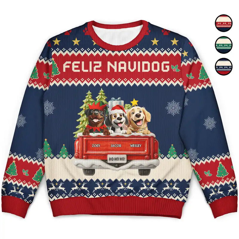 Dog Lovers,Christmas,Funny,Pet Lovers - Feliz Navidog Truck Red - Personalized Unisex Ugly Sweater